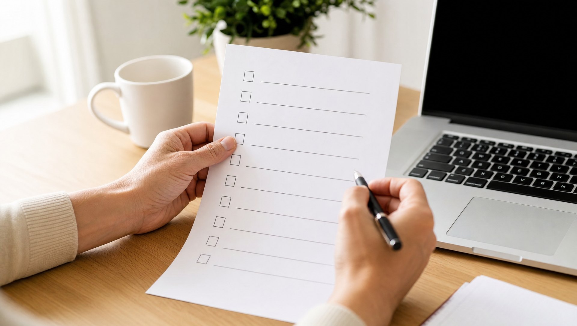 Hände halten eine gedruckte Checkliste neben einem Laptop, um die Website zu prüfen