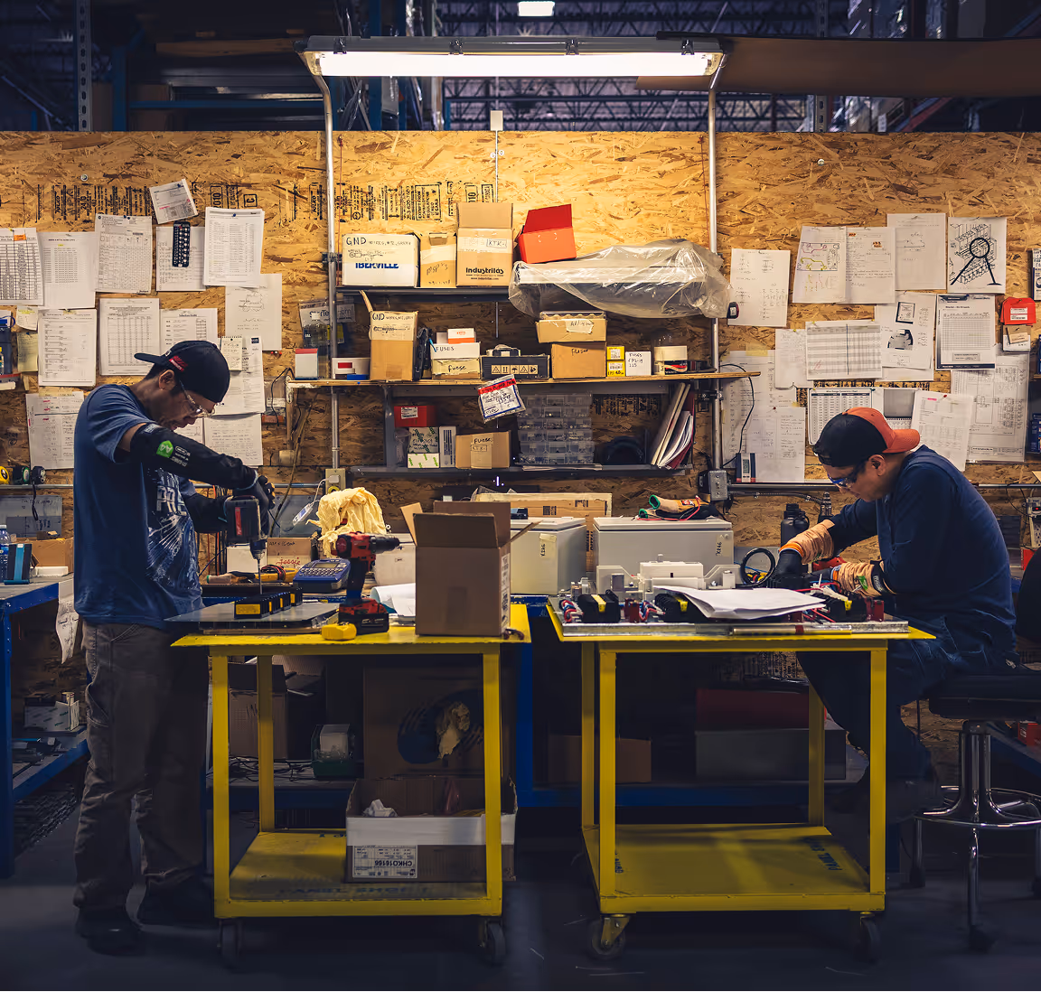 Two workers in a workshop assembling electronic components at workbenches.