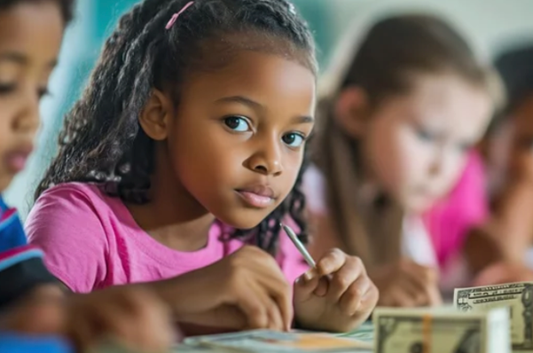 Focused young girl in pink shirt working on a classroom activity with other children in the background.