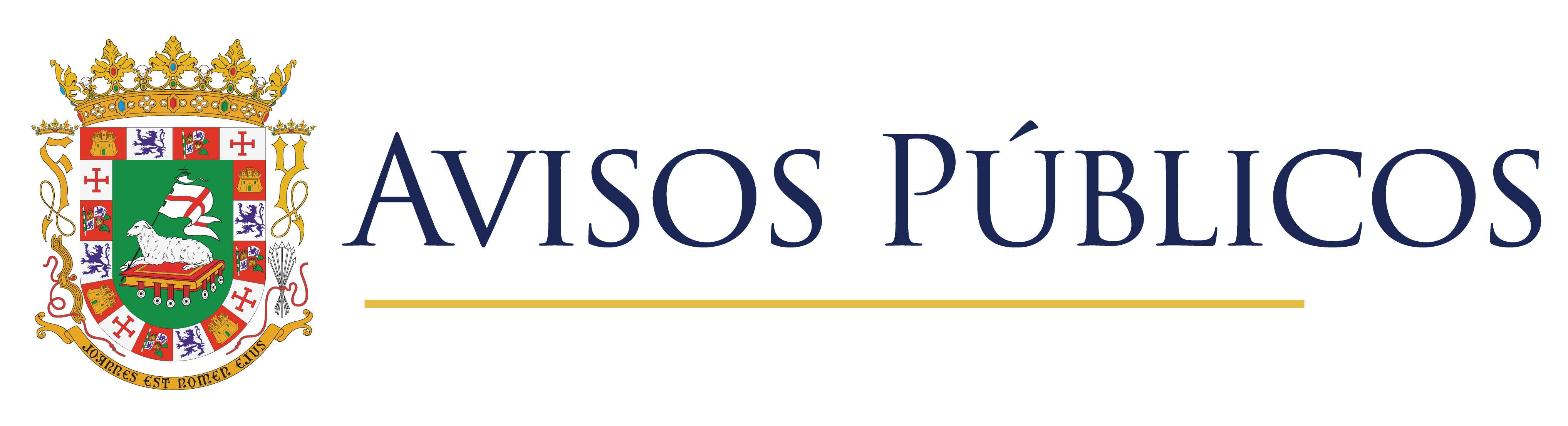 Coat of arms with a crowned shield featuring a lamb and cross, next to the text 'Avisos Públicos' underlined in gold.