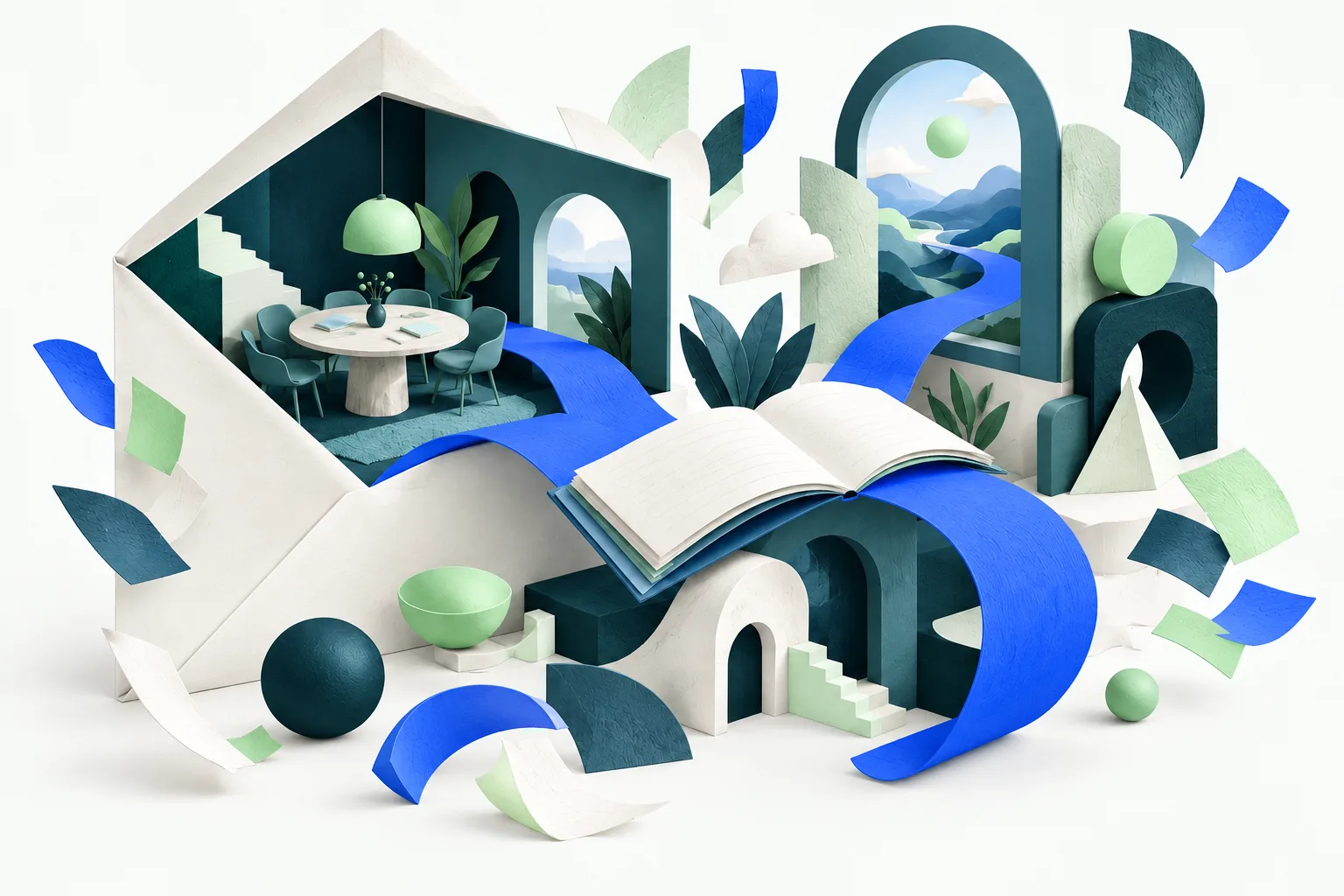 An open envelope becomes an imaginative room, connected by a ribbon to an open notebook and new horizons.