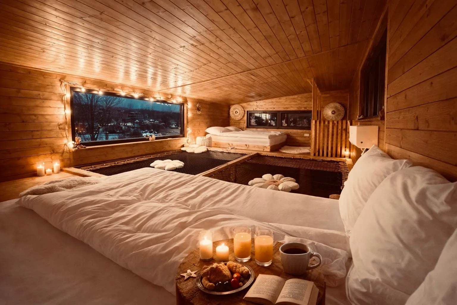 image of wooden Interior with luxury bedding in wood house
