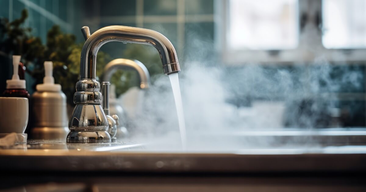 Steam rises from a kitchen sink faucet with running hot water, surrounded by soap dispensers.