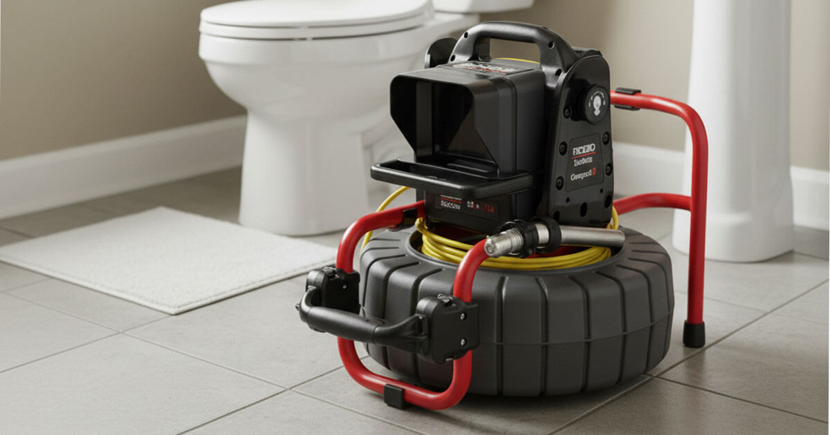 See snake camera system on bathroom floor next to a toilet