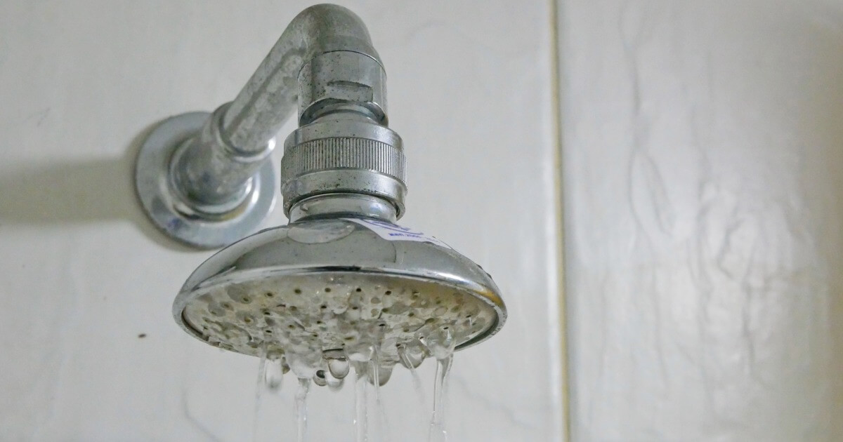 Close-up of a chrome showerhead with slow-flowing water in a bathroom setting.