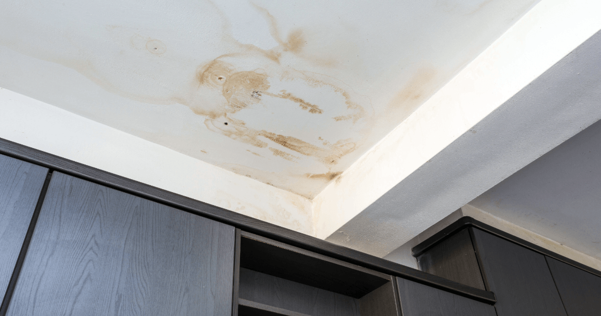 Water damage stain on home ceiling. 