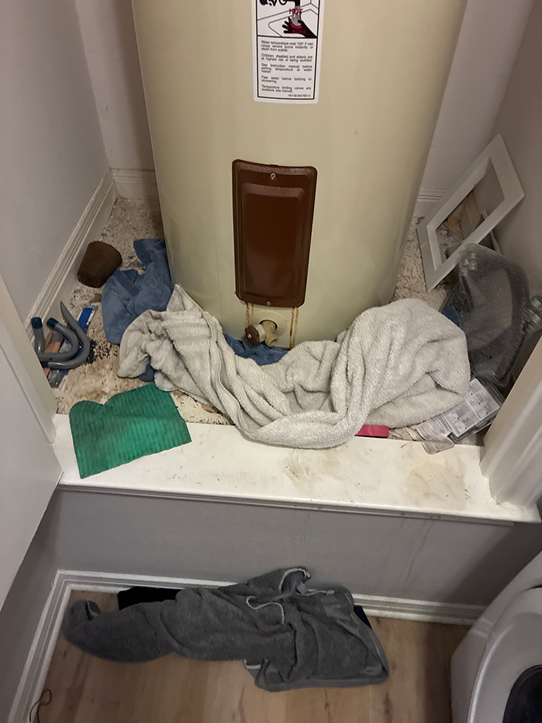 Cluttered utility area with a beige water heater surrounded by towels, a green cloth, pipes, a framed picture on the floor, and other miscellaneous items.