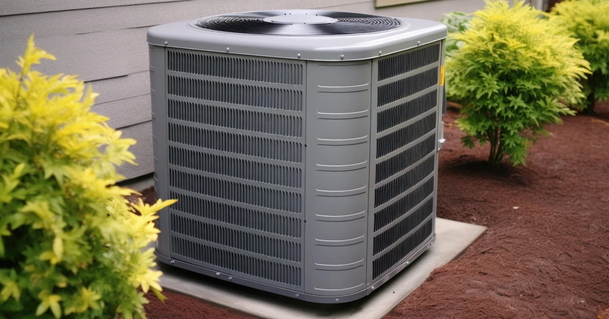 Outdoor air conditioning condenser unit installed beside a home