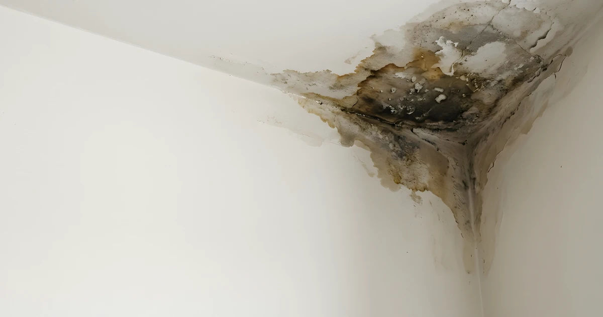 Water damage and mold growth on a ceiling corner from a hidden leak
