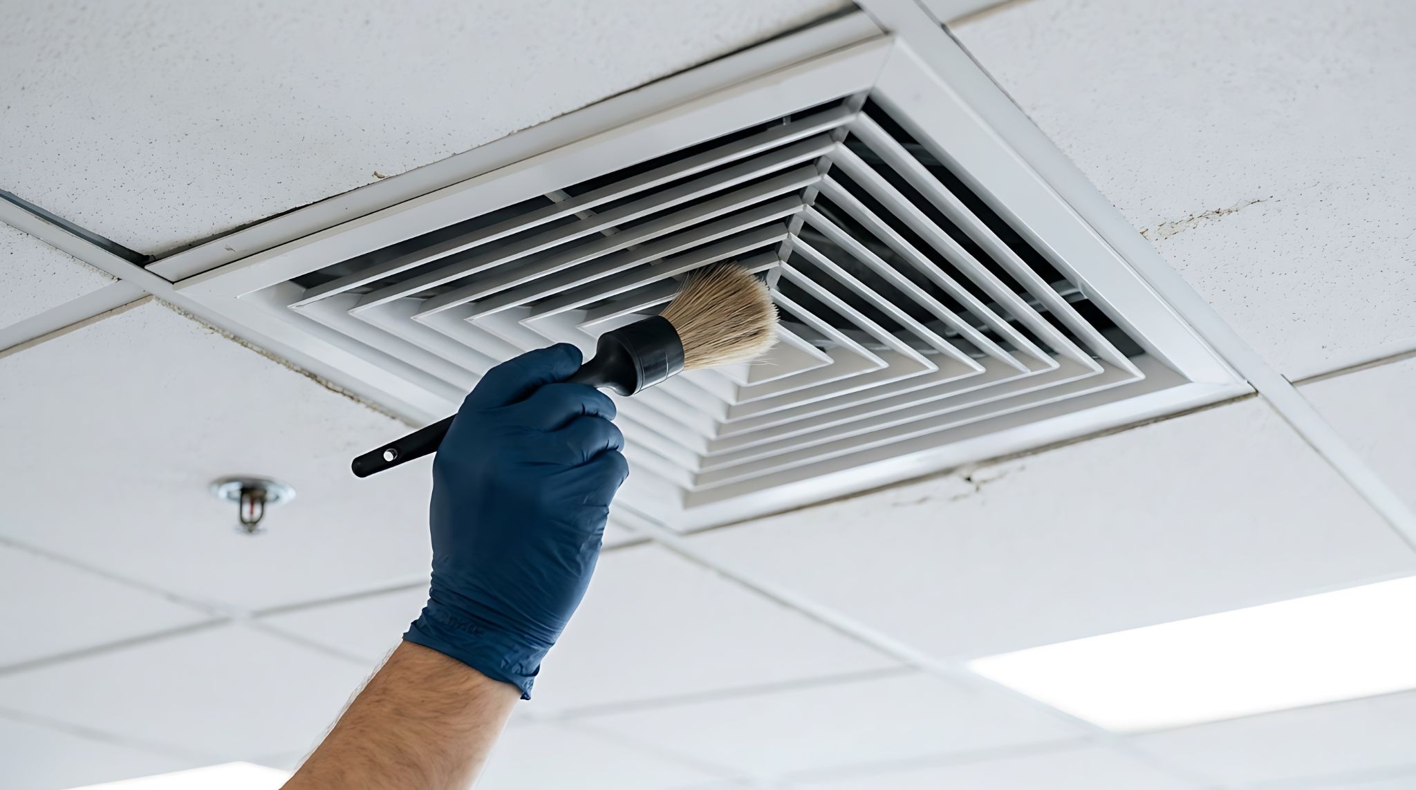 HVAC technician holding a clipboard and inspecting a ceiling cassette air conditioner unit
