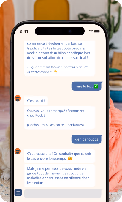 Conversation de chat en français sur un smartphone avec une application de test pour évaluer la nécessité d'un bilan spécifique lors de la consultation de rappel vaccinal, affichant des messages entre un utilisateur et un assistant.