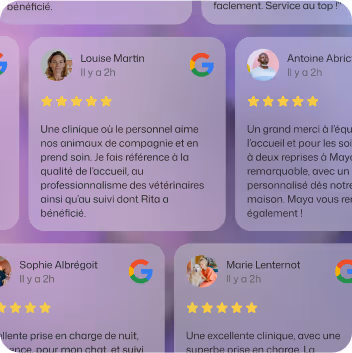 Aperçu d'avis clients en français avec notes 5 étoiles, photos des auteurs et logo Google sur un fond dégradé violet.