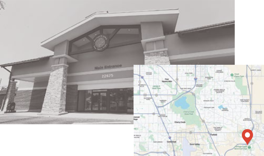 The new Red Rocks Church Aurora building, with a map showing its location in southeast Aurora