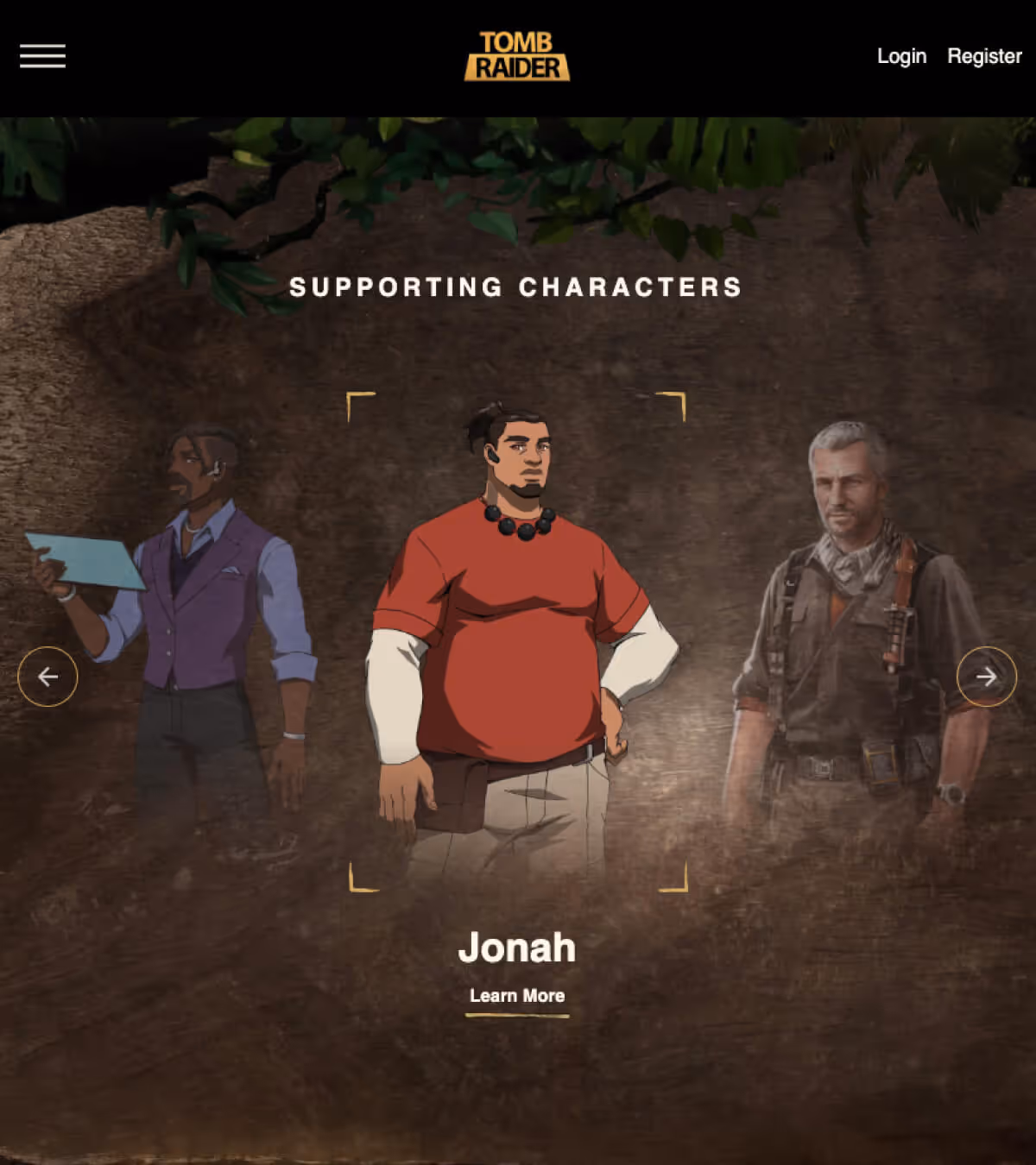 Tomb Raider supporting characters display featuring Jonah in the center wearing a red shirt and necklace, flanked by two other characters in a brown textured background.