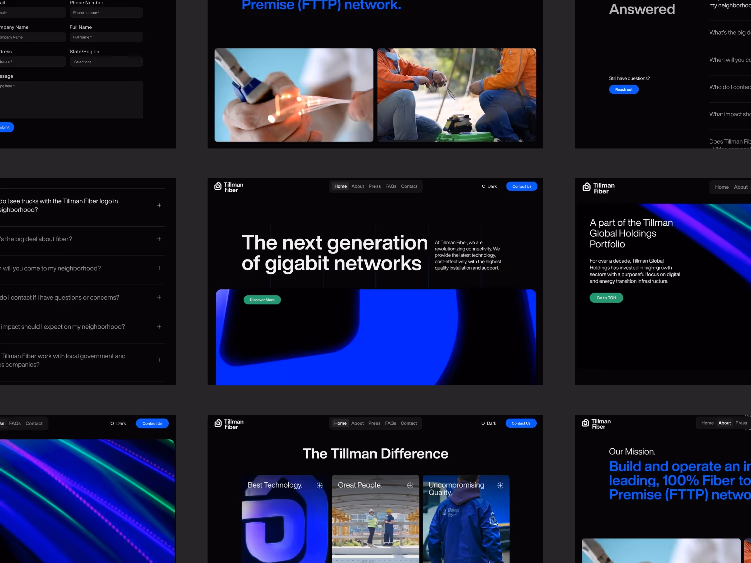 Collage of Tillman Fiber website sections showing network technology, company mission, FAQs, and service features with dark theme and blue highlights.