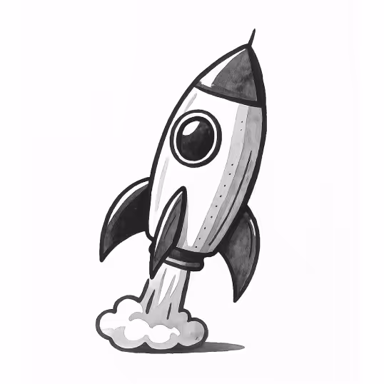 Black and grey cartoon of rocket taking off