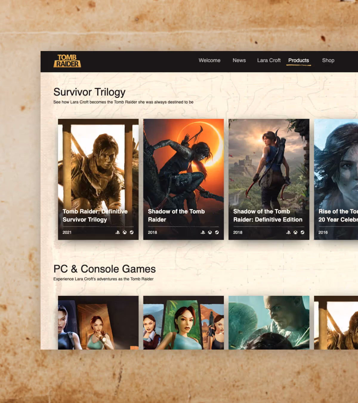 Tomb Raider product page showing Survivor Trilogy and PC & Console Games with various Lara Croft game covers.