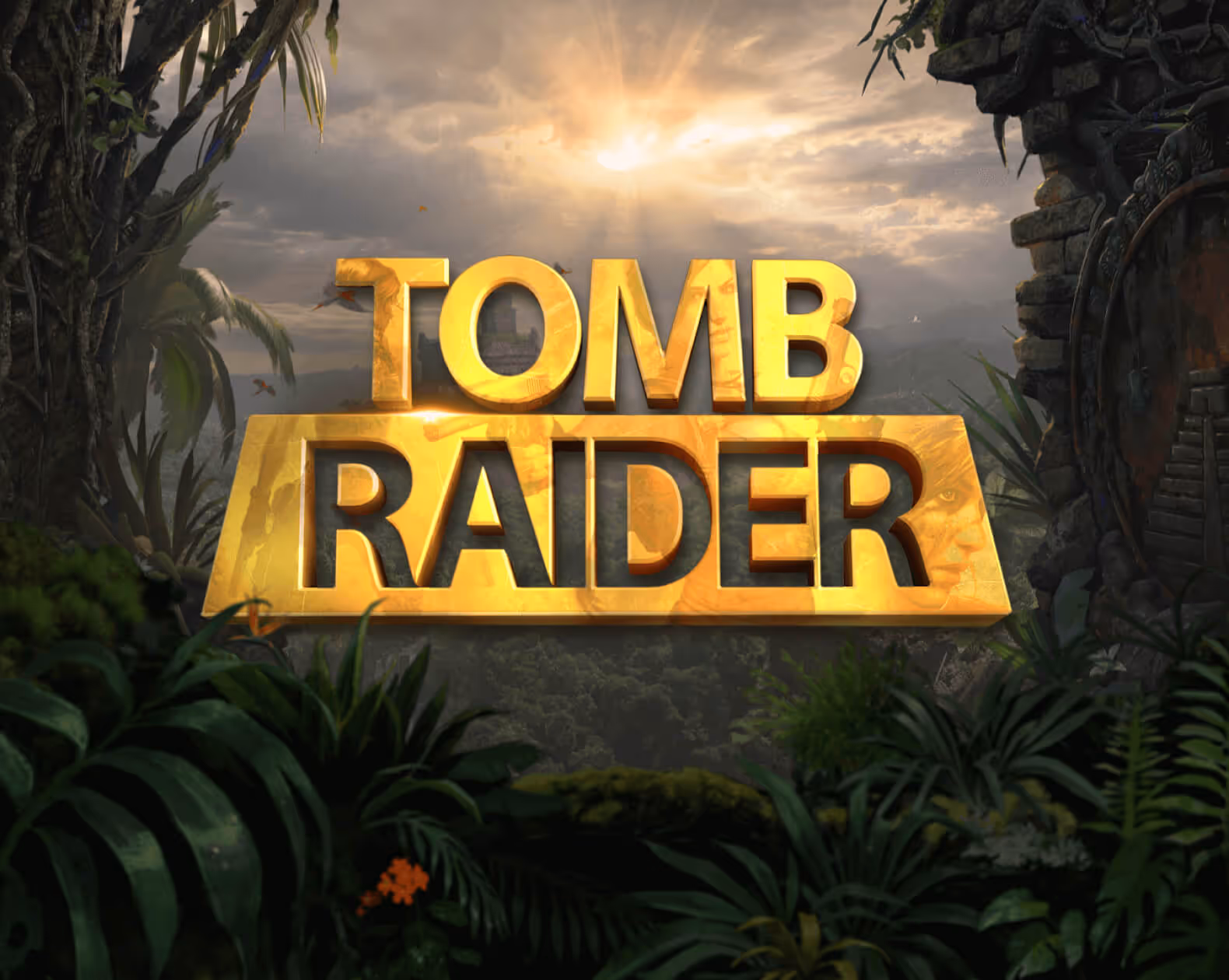 Golden 3D text reading 'Tomb Raider' set against a jungle background with sunlight breaking through clouds.