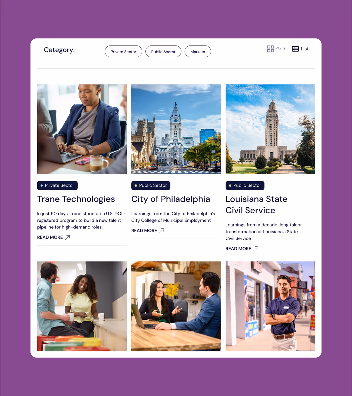 Webpage showing category filters and list view with images and descriptions of Trane Technologies, City of Philadelphia, and Louisiana State Civil Service.