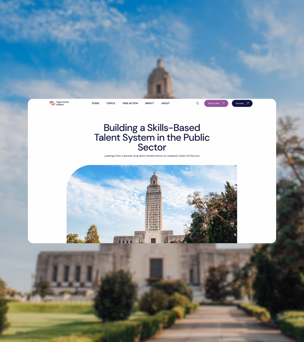 Screenshot of a webpage titled 'Building a Skills-Based Talent System in the Public Sector' with an image of Louisiana State Capitol building under a blue sky.