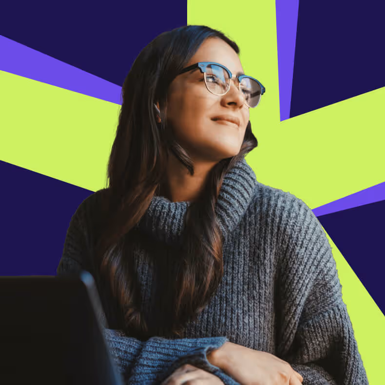 Young woman wearing glasses and a gray knitted sweater, looking thoughtfully to the side with a colorful abstract background.