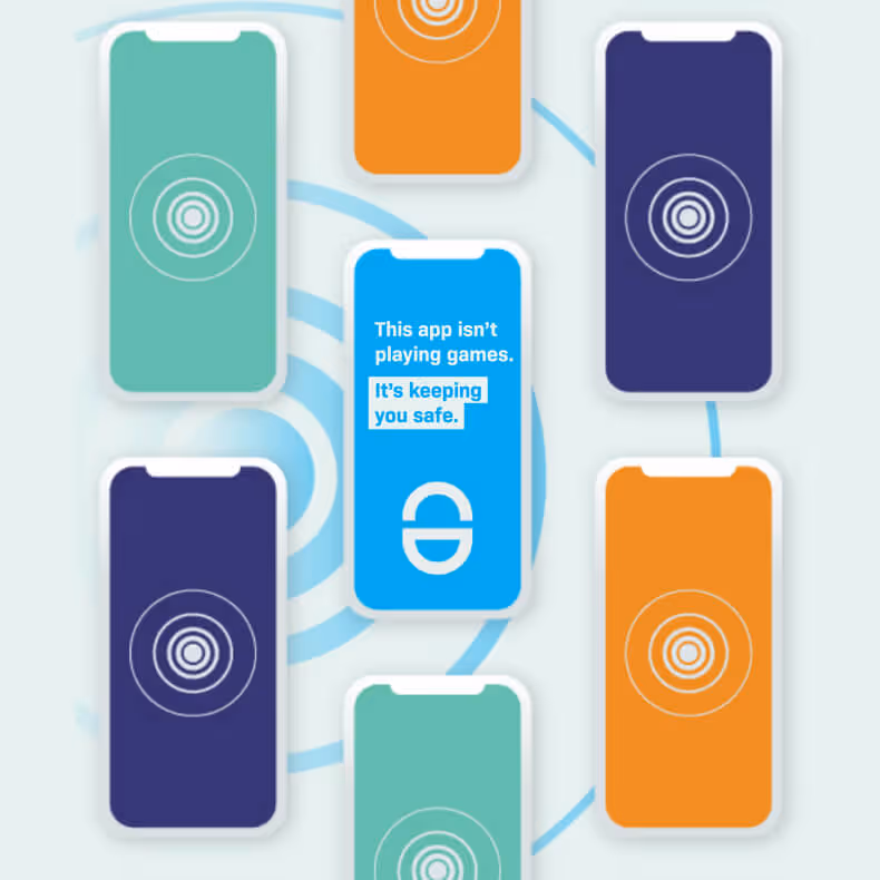 Illustration of multiple smartphones with concentric circle icons and a central blue phone displaying text: 'This app isn’t playing games. It’s keeping you safe.'