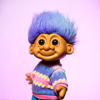 Vintage troll doll with blue hair wearing a colorful sweater against a soft purple background.