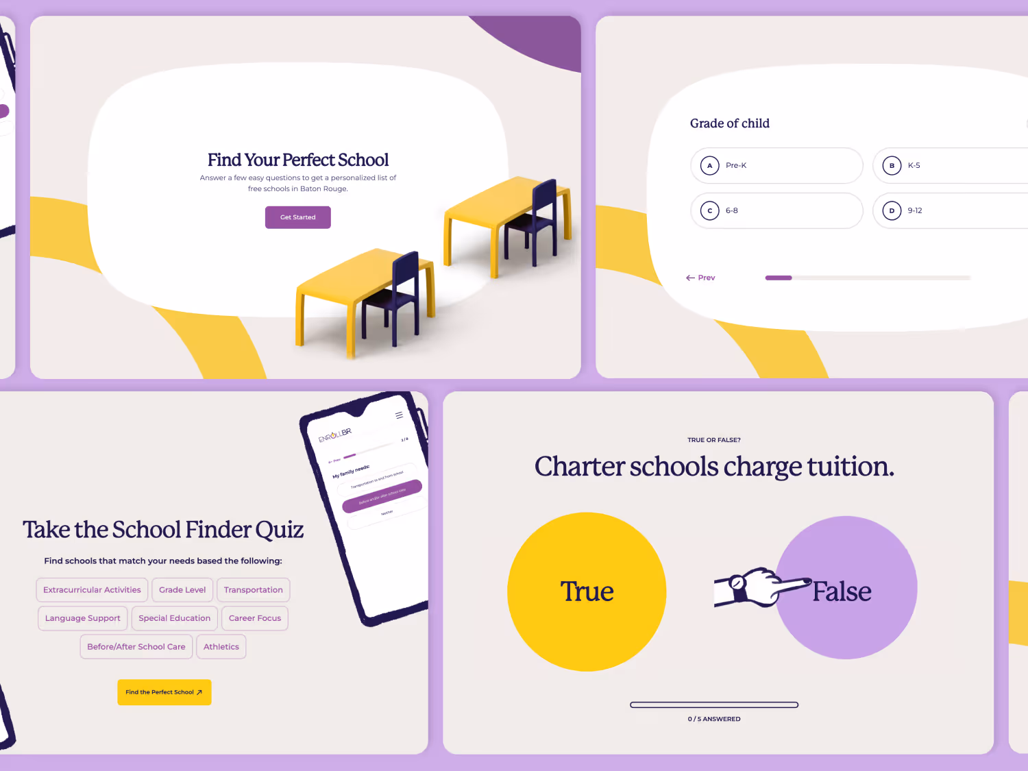 Screens showing a school finder quiz interface with options like grade level, transportation, and extracurricular activities, and a true or false question about charter school tuition.