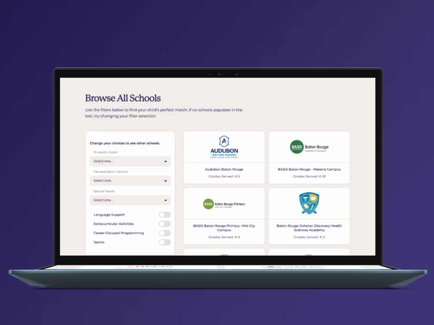 Laptop screen showing a school browsing interface with filters on the left and a list of Baton Rouge area schools on the right.