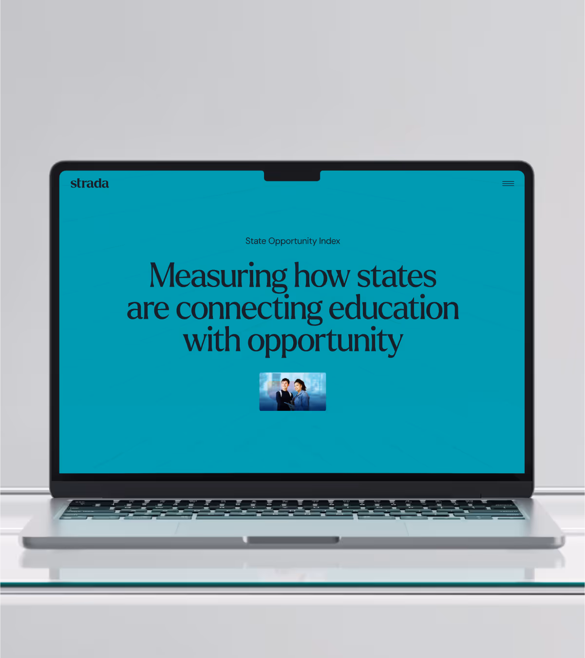 Laptop screen showing a webpage titled 'Measuring how states are connecting education with opportunity' under State Opportunity Index on a teal background.