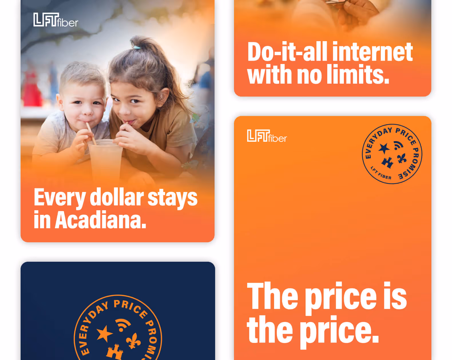 Two children drinking from a shared cup with straws and promotional text about LFT fiber internet pricing.