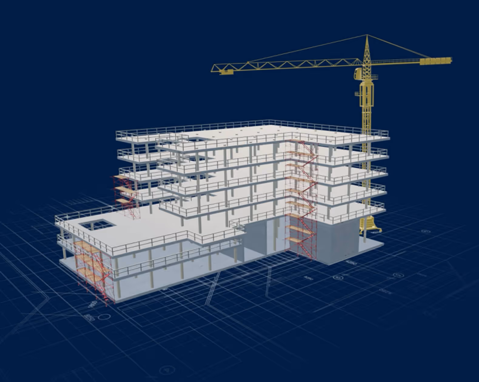 3D architectural rendering of a multi-story building under construction with scaffolding and a tower crane on a blue grid background.