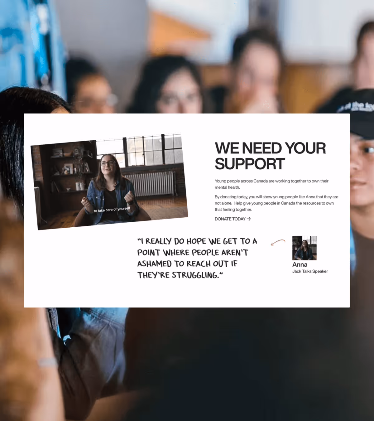 Support message featuring Anna, a Jack Talks speaker, encouraging donations for youth mental health in Canada with her quote about reducing stigma.
