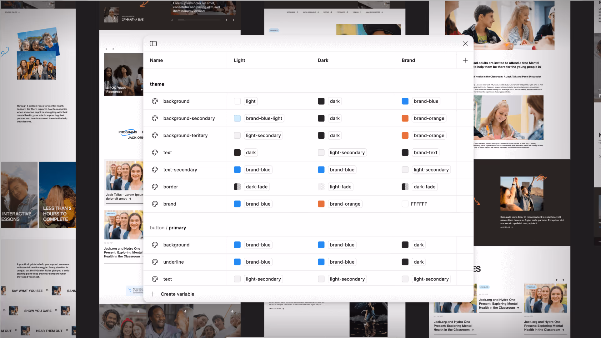 User interface showing a design system color palette with light, dark, and brand color themes listed by category including background, text, border, and button styles.