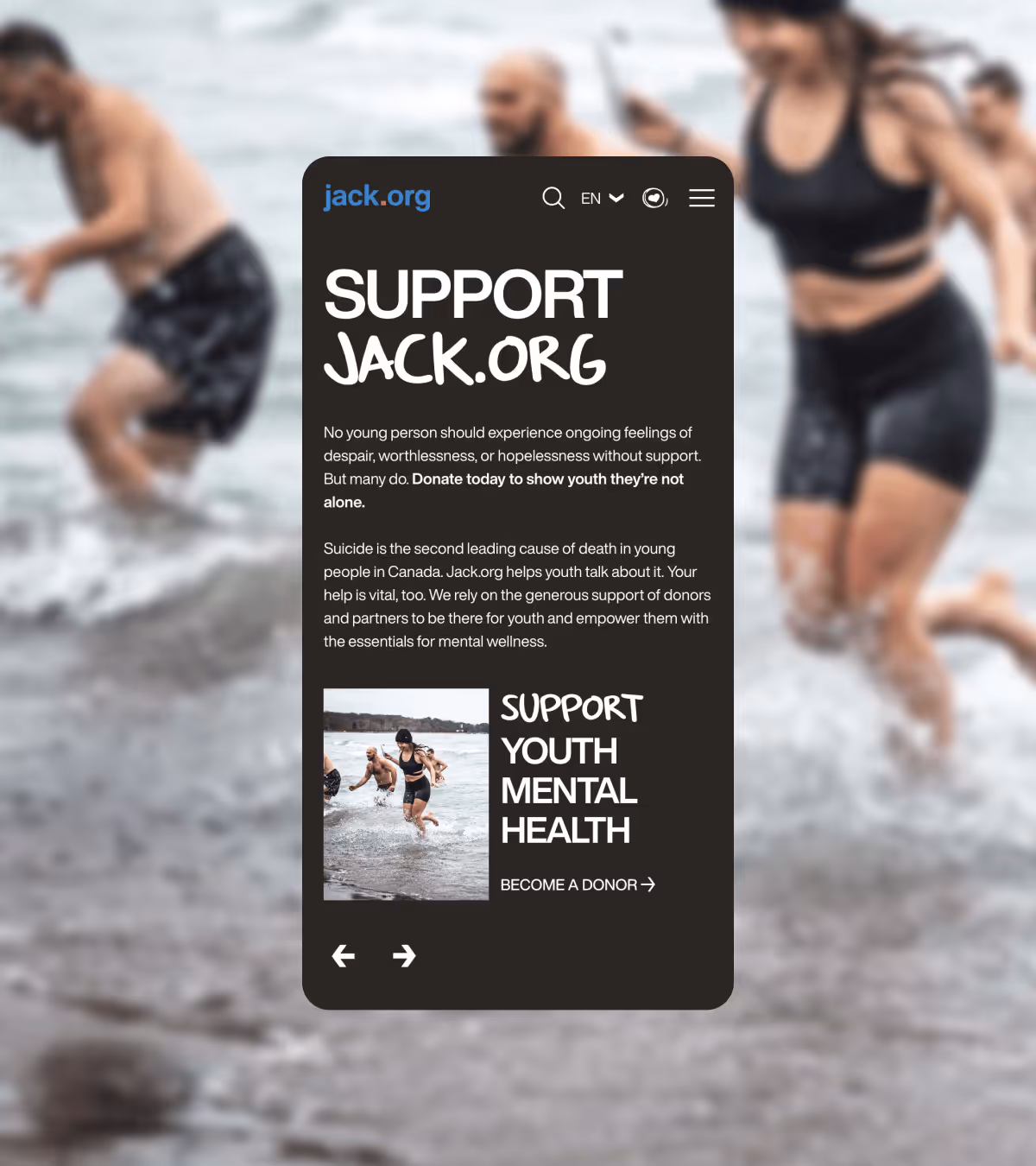 Website page urging support for Jack.org with text about youth mental health and a photo of young people running in water at the beach.