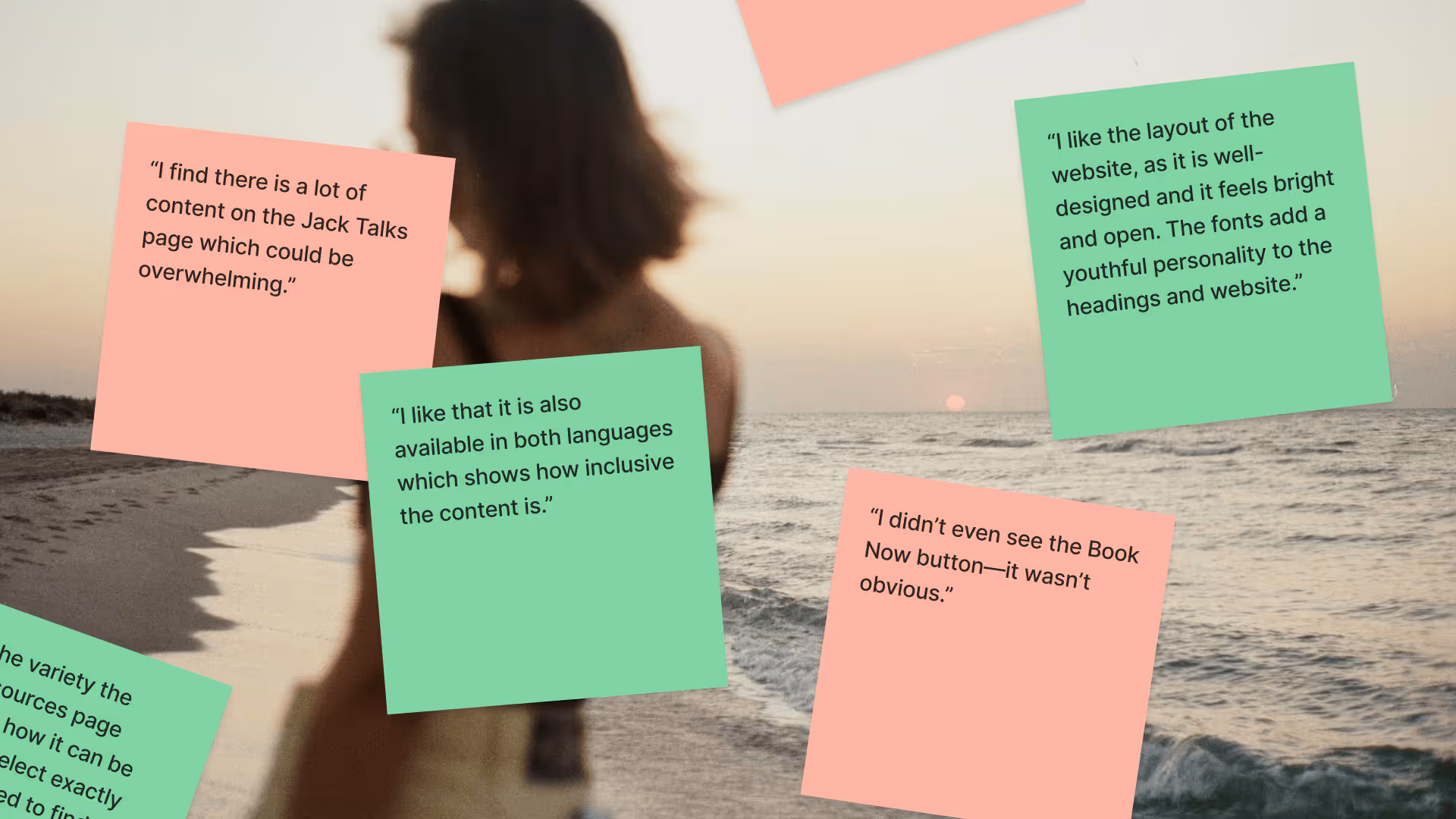 Silhouette of a person walking on a beach at sunset with colorful sticky notes containing website feedback quotes overlayed.