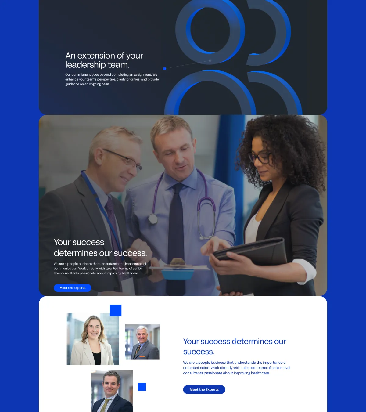 Three professionals, including a doctor with a stethoscope and two colleagues, reviewing information on a tablet with text highlighting leadership support and success in healthcare consulting.