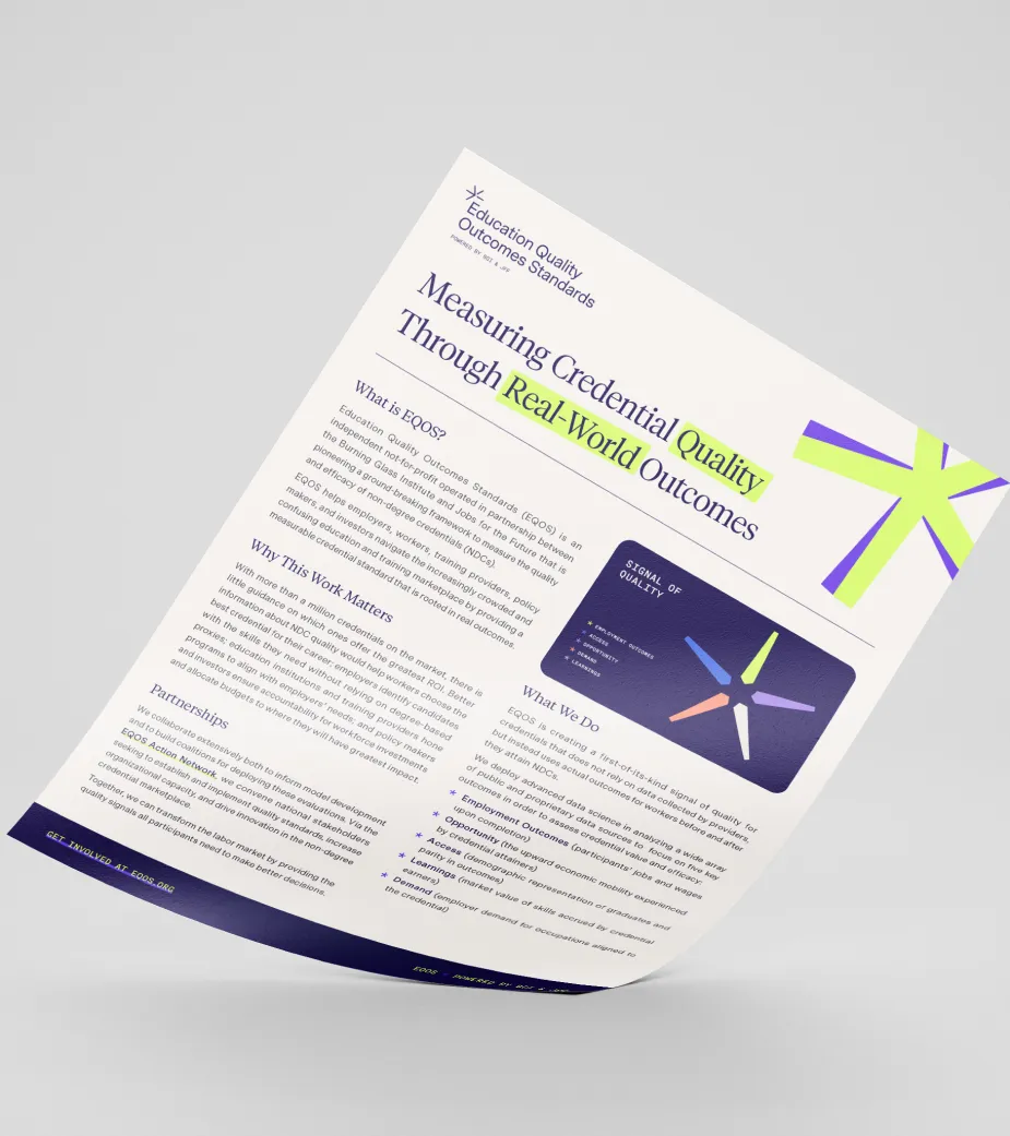 Flyer titled 'Measuring Credential Quality Through Real-World Outcomes' describing Education Quality Outcomes Standards (EQOS) with sections on what EQOS is, why it matters, partnerships, and a diagram labeled 'Signal of Quality.'
