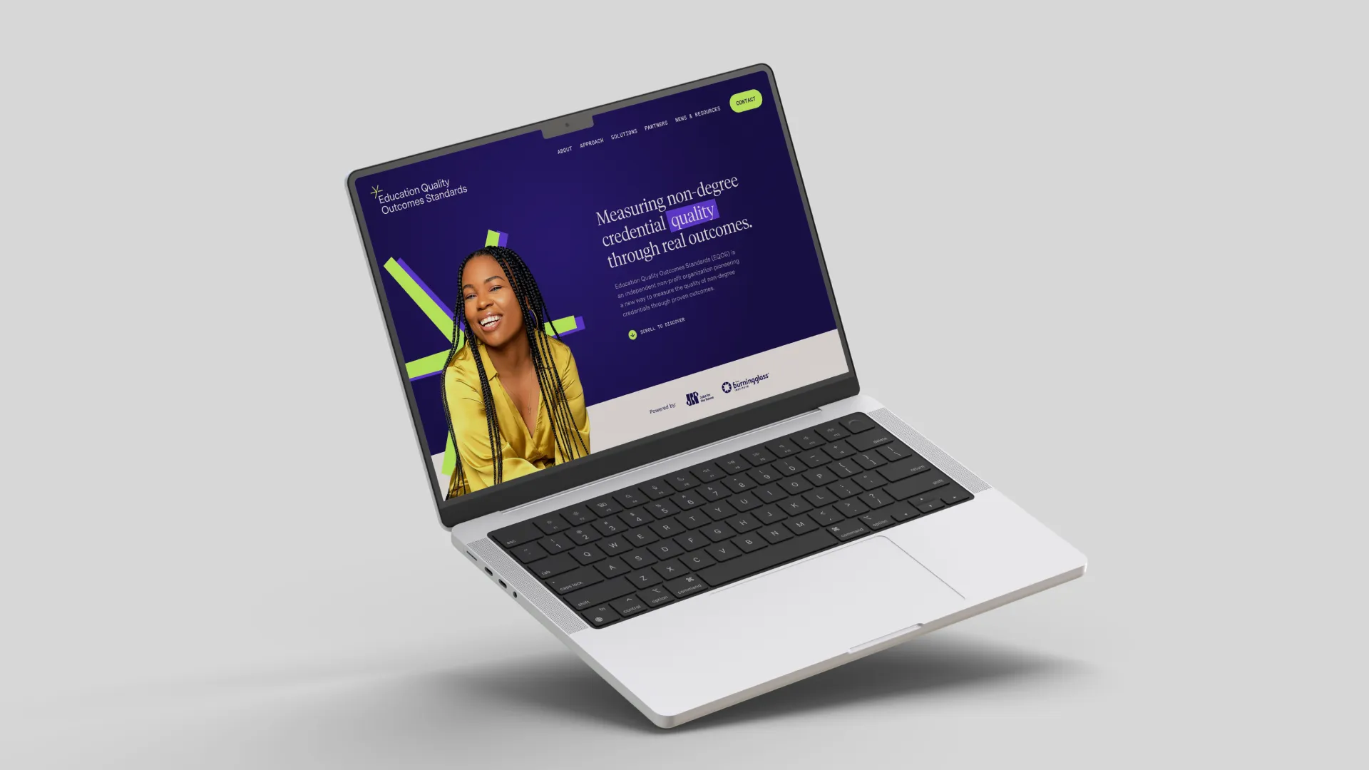 A laptop displaying the Education Quality Outcomes Standards website featuring a smiling woman in a yellow top and text about measuring non-degree credential quality through real outcomes.