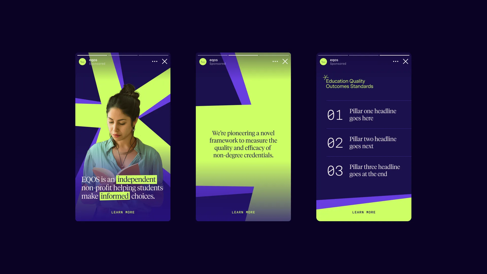 Three mobile screens showing an EQOS ad: a woman reading with highlighted words 'independent' and 'informed', a message about measuring non-degree credentials, and a list of three education quality outcomes standards pillars.