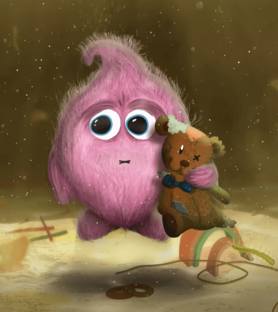 A small, fluffy pink creature with big eyes holding a worn teddy bear with patches and a blue bow tie.