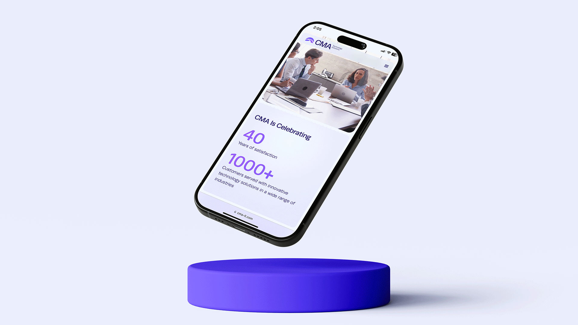 Smartphone display showing CMA website celebrating 40 years and 1000+ customers with innovative technology solutions.