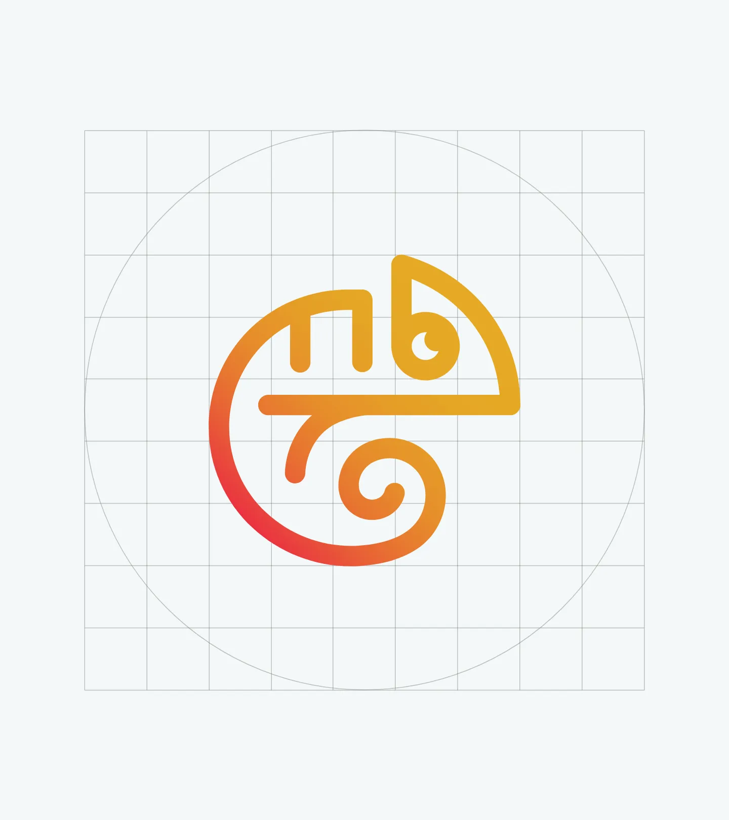 Orange and red gradient chameleon icon with a spiral tail on a grid background.