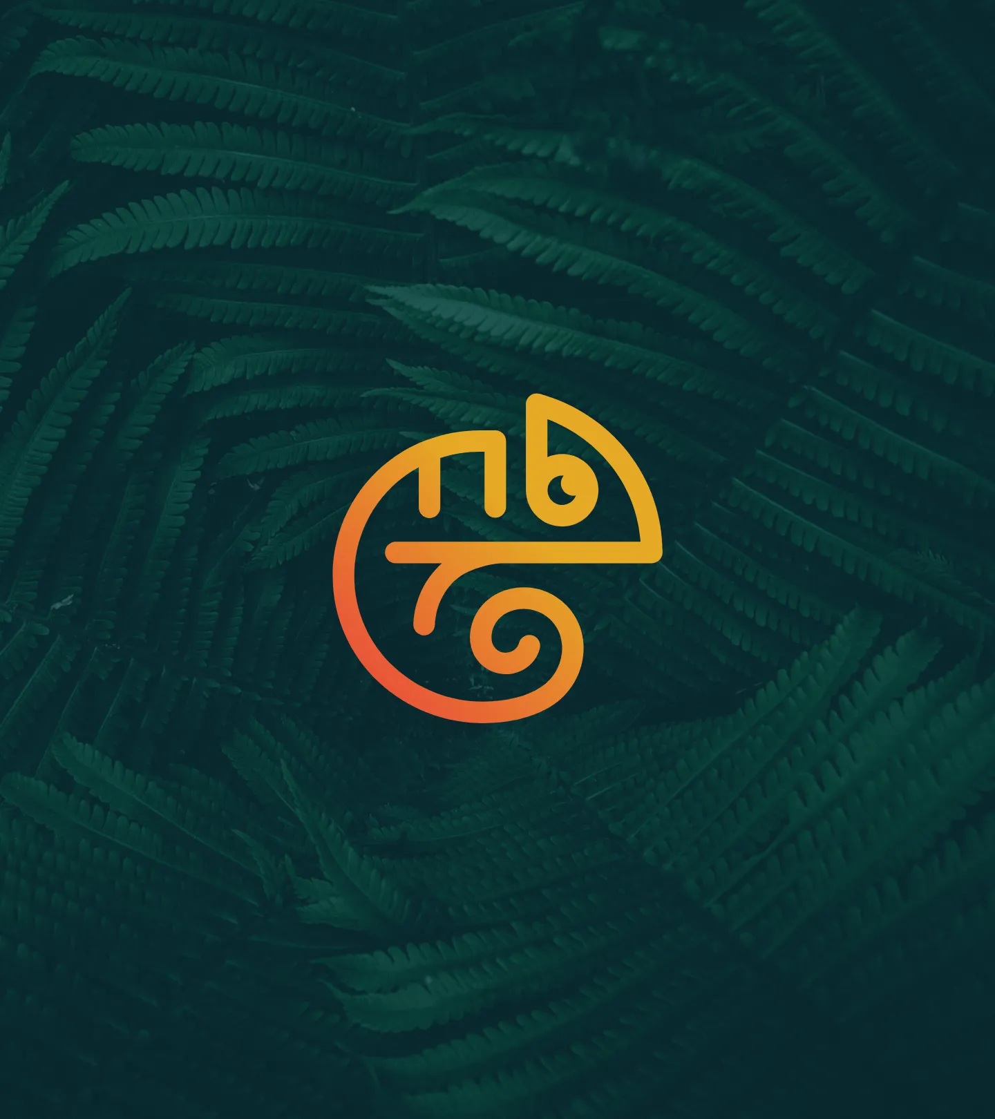 Orange and yellow gradient stylized abstract chameleon logo centered on dark green background with fern leaves.