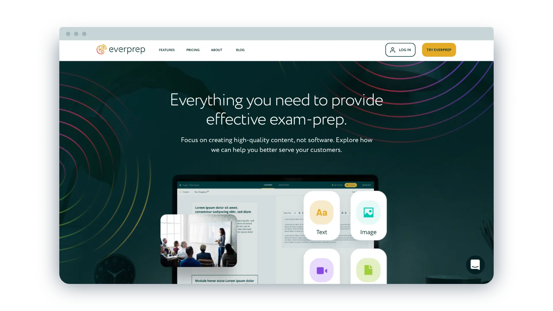 Website homepage for Everprep showing exam-prep software with icons for text, image, video, and document content types and a tagline about providing effective exam prep.