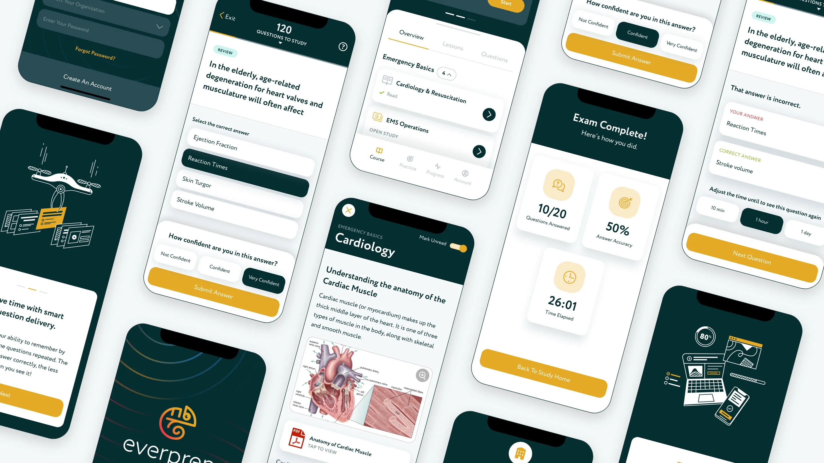 Smartphone screens displaying a medical study app with quizzes, anatomy lessons, progress tracking, and study review features.