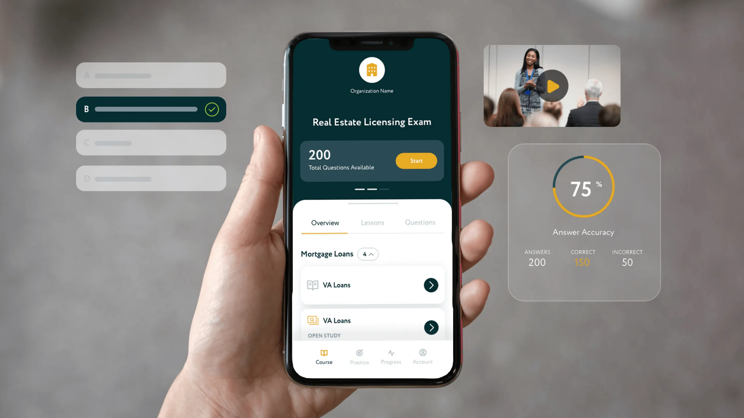 Hand holding a smartphone displaying a Real Estate Licensing Exam app with 200 questions, mortgage loans overview, and a 75% answer accuracy chart.