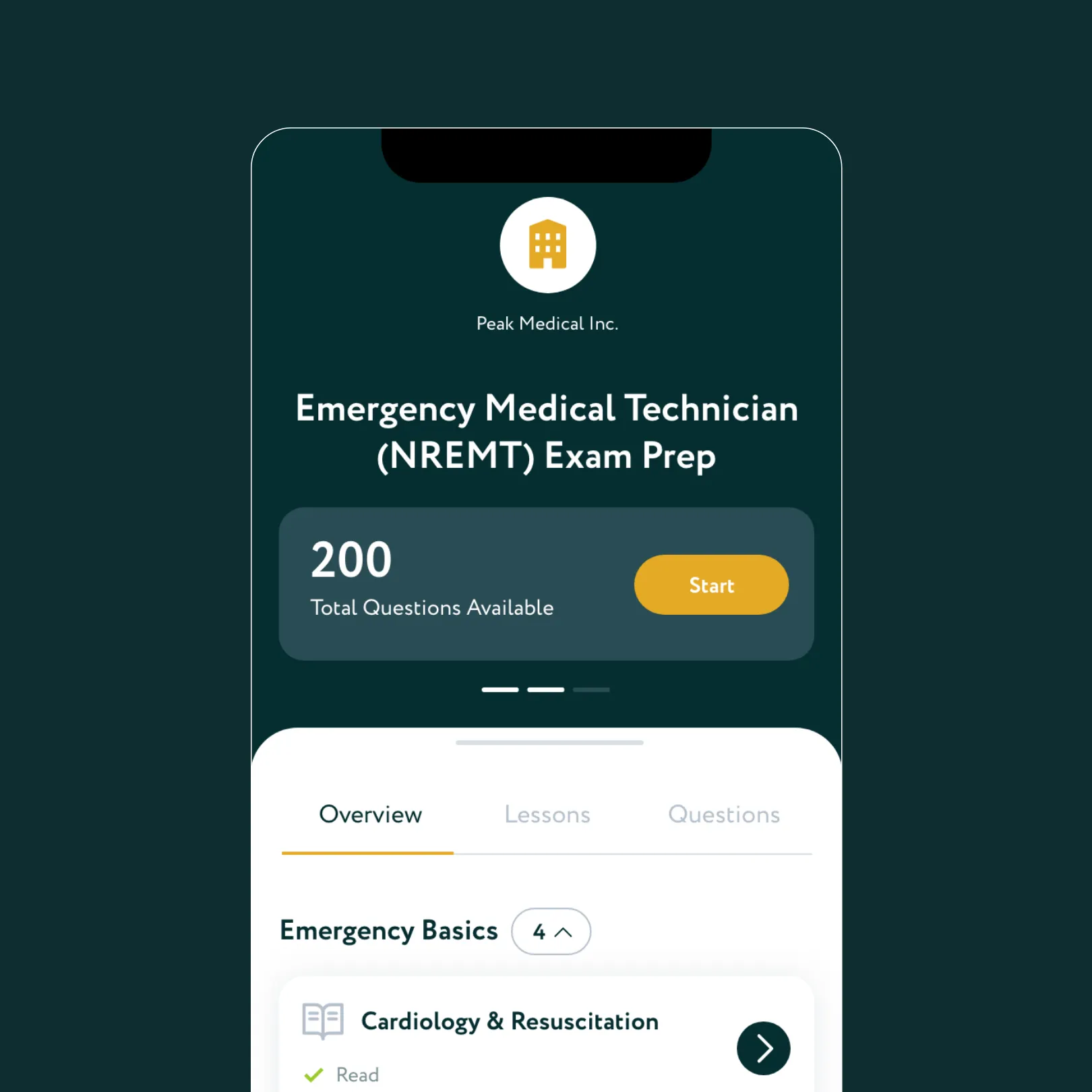 Mobile app screen for Emergency Medical Technician (NREMT) Exam Prep by Peak Medical Inc., showing 200 total questions available and an Overview tab with Emergency Basics section.