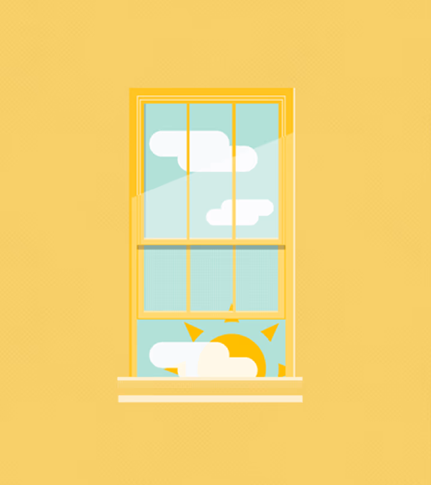 Yellow-framed window showing a blue sky with white clouds and a partially visible sun.
