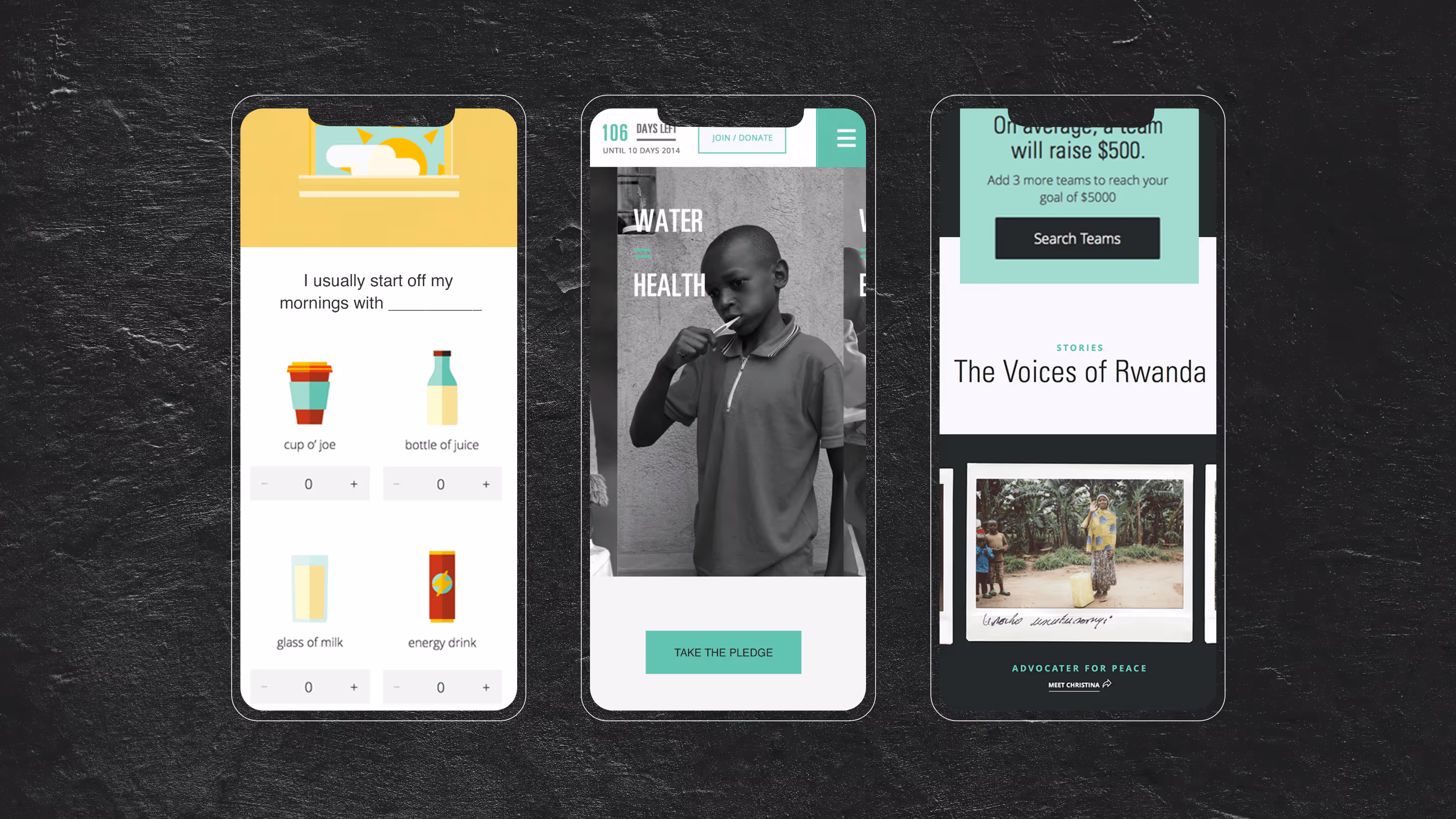 Three smartphone screens showing a morning drink selection quiz, a pledge to support water health with a boy brushing teeth, and a story titled The Voices of Rwanda.